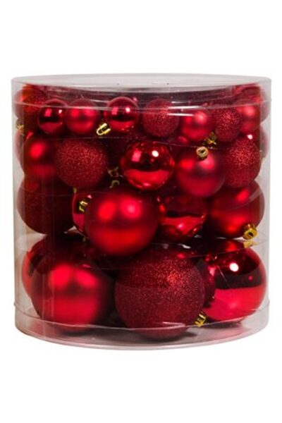 IRO Set globuri de Crăciun - Roșu Mat, Strălucitor și Sclipici, 4-6-8-10 cm - 54 buc