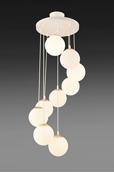 VENON Botanik 9 Lu Sarkıt Avize Beyaz-Mat Gold Beyaz Glop Camlı Merdiven Avizesi Yemek Masası Lüks Mekan