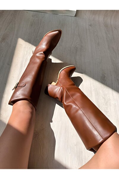 Favi Ayakkabı Taba Deri Paça Görünümlü Sivri Burun Uzun Tarz Çizme