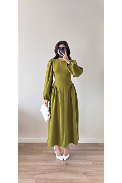 LOCH BUTİK Γυναικείο φόρεμα με μακρυμάνικο μάξι με μανίκια με πράσινο λουράκι...