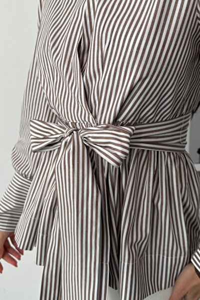 HAZEGO Double Breasted Poplin Shirt with Striped Tieing Detail - Brown