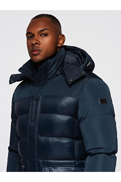 OMBRE Pánská prošívaná bunda z kombinovaných materiálů s kapucí - tmavě modrá V3 OM-JALJ-0266