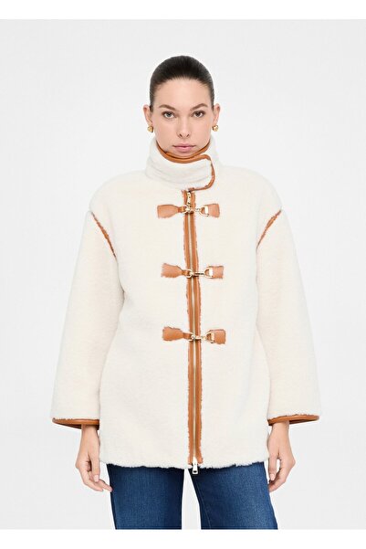 Liu Jo Women's Regular Fit Stand Collar Metal Hook Long Sleeve Wool Ecru Coat Mf5121E0936-20304