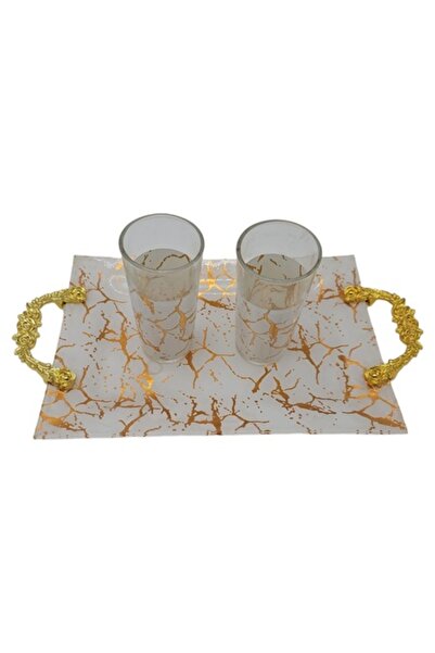 ABS Set de 6 pahare de sticlă cu tavă de servire - model auriu
