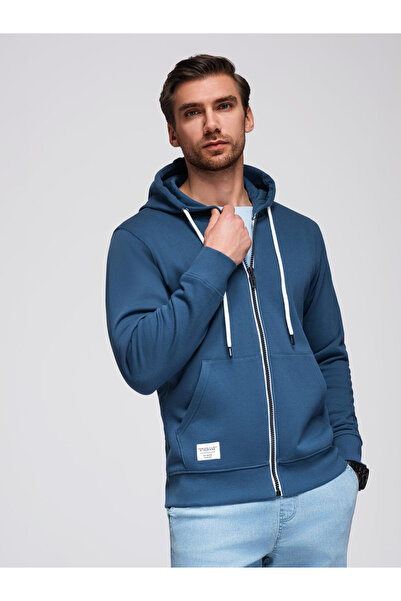 OMBRE Ανδρικό φούτερ με κουκούλα και ξεκούμπωτο BASIC - μπλε σκούρο V4 OM-SSBZ-0178