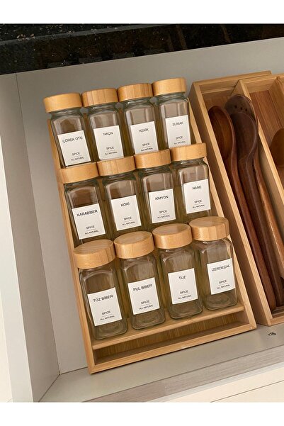 Home 12-Piece Glass Spice Rack with Bamboo Stand Inside the Drawer