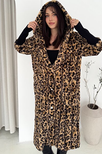 FEMELLE Leopard Print Snap Button Knitwear Detailed Hooded Premium Long Fur Coat with Lining