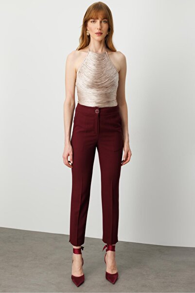 Moda İlgi Modailgi Yandan Cepli Yüksek Bel Bilek Boy Klasik Pantolon - 70031 Bordo