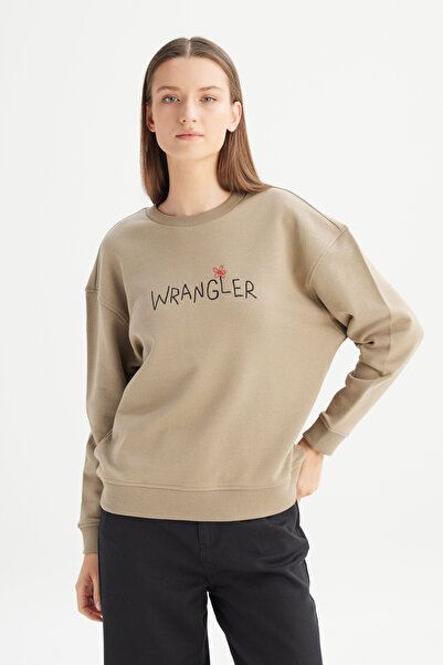 WRANGLER %100 Pamuk Relaxed Fit Geniş Bisiklet Yaka Bej Big Logo Sweatshirt