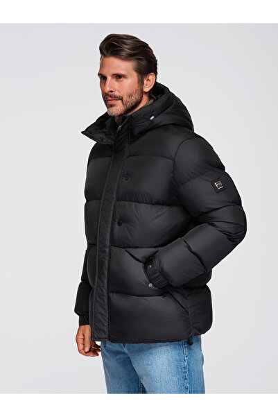 OMBRE Ανδρικό καπιτονέ μπουφάν με ψηλό φερμουάρ στην κουκούλα - μαύρο V1 OM-JAHP-0238