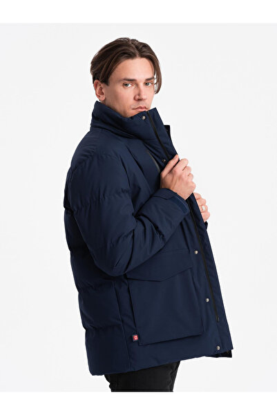 OMBRE Pánská zimní bunda s odnímatelnou kapucí z nepromokavého materiálu - tmavě modrá V1 OM-JAHP-0306