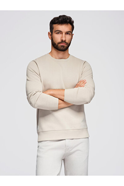 OMBRE Ανδρικό φούτερ BASIC με στρογγυλή λαιμόκοψη - ανοιχτό μπεζ V1 OM-SSBN-0175