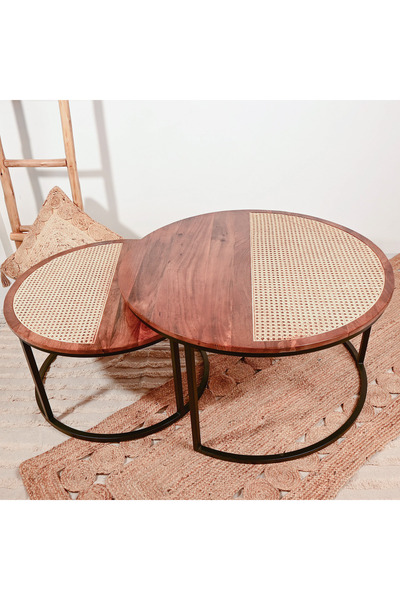 Crafted by Lifestyle Home Carving 2-Piece Rattan Detail Wooden Nesting Table Set