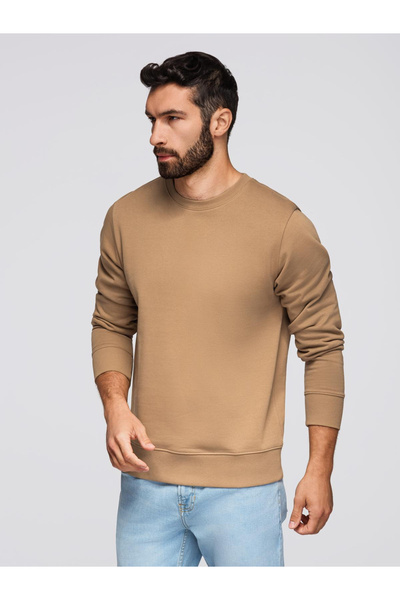 OMBRE Men's BASIC sweatshirt with round neckline - brown V2 OM-SSBN-0175