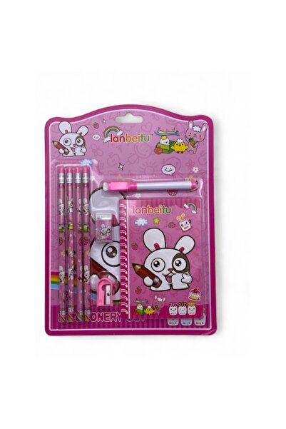 ABS School stationery set with notepad, 4 pencils, pen, eraser and sharpener, Bunny model - Pink