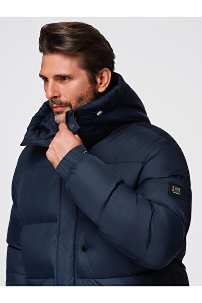 OMBRE Pánská prošívaná bunda s vysokou kapucí na zip - tmavě modrá V2 OM-JAHP-0238