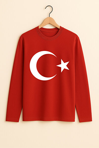 fasardi Uzun Kollu Ay Yıldız Baskılı Türk Bayrağı Unisex Uzun Kollu Çocuk Tişört / Tören, Bayram, Gösteri