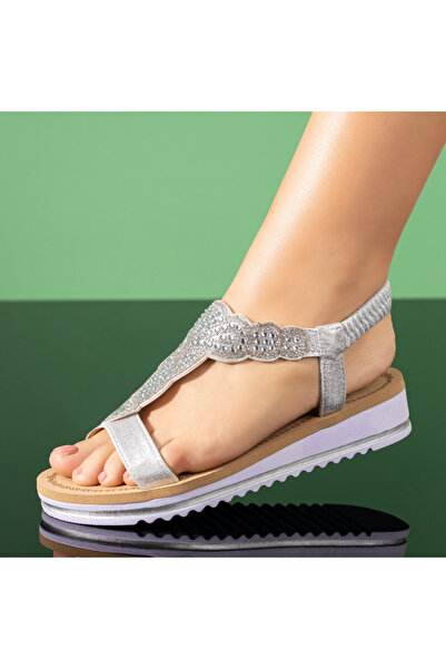 BMoD Sandale plate argintii pentru femei cu strasuri MOD09396