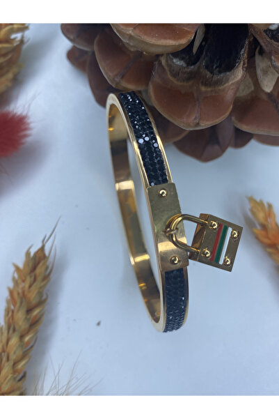 TAKBİ KİLİT OBJELİ SİYAH TAŞLI ROSE GOLD RENK ÇELİK KELEPÇE