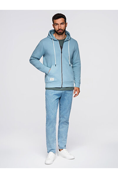 OMBRE Pánska mikina s kapucňou BASIC na rozopnutie - modrá V7 OM-SSBZ-0178