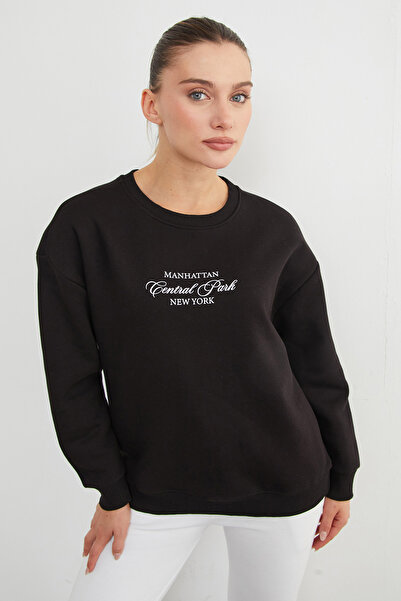 Fulla Moda 3 İplik Manhattan Baskılı Bisiklet Yaka Sweatshirt