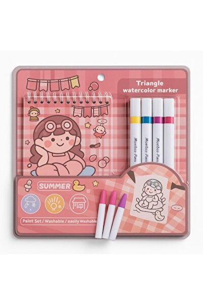 ABS Set dese caiet de desen cu spirala, 4 markere acuarela Triunghiulare, ROZ