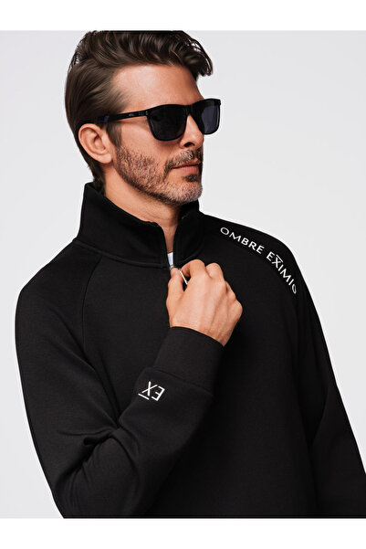 OMBRE Ανδρικό φούτερ με ξεκούμπωτο ψηλό γιακά και τύπωμα σε αντίθεση - μαύρο V1 OM-SSZP-0211