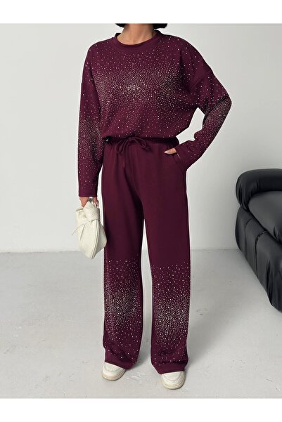 MODAGK Aralıklı Taş İşlemeli Modal Kumaş Boru Paça Kadın Eşofman Takımı