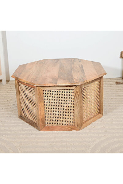 Lifestyle Home Carving Wooden Coffee Table with Rattan Detailing - 90x46 cm