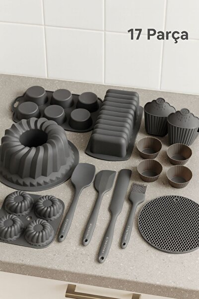 Silicorner 17 Piece Anthracite Silicone Dowry Set Cake Mold-Muffin Mold-Spatula-Egg Brush-Teapot