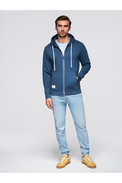 OMBRE Ανδρικό φούτερ με κουκούλα και ξεκούμπωτο BASIC - μπλε σκούρο V4 OM-SSBZ-0178