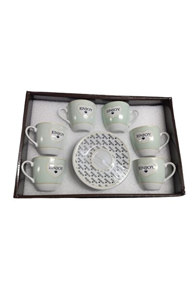 ABS Set 6 ceramic cups + 6 plates heart model Enjoy, green