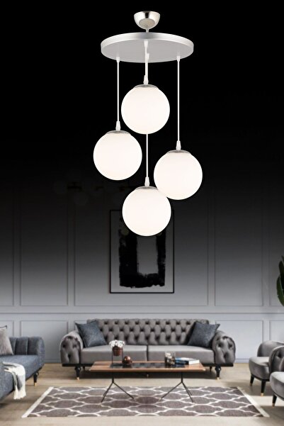 VENON Botanik 4 LÜ Sarkıt Avize Tepsi SİLVER Beyaz Glop Camlı Lüks Avize Salon Avizesi Yemek Masası Üstü