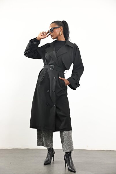 5in1Canpolat Black Belted Double Breasted Coat