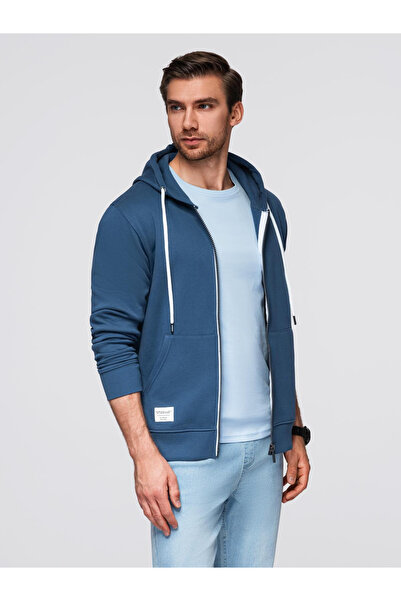 OMBRE Ανδρικό φούτερ με κουκούλα και ξεκούμπωτο BASIC - μπλε σκούρο V4 OM-SSBZ-0178