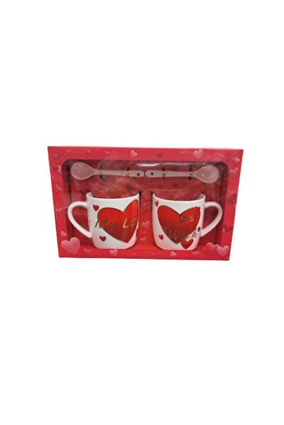 ABS Set 2 căni ceramice cu 2 lingurițe, model inimă, 200 ml