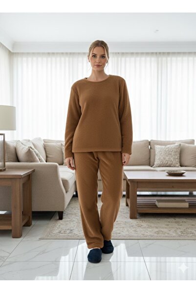 FAMES PİJAMA KADIN KAHVERENGİ PELUŞ PİJAMA TAKIMI