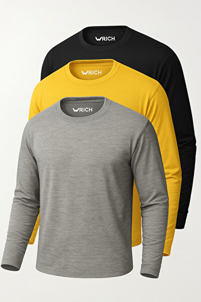 Rich Erkek Sarı-Siyah-Grimelanj 3'lü Paket Basic Uzun Kollu Sporcu Body