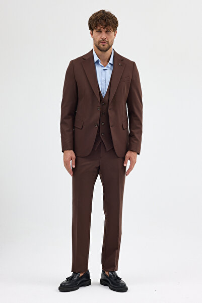 Frappoli Ruben Men's Brown Polyviscose Fabric Jacket+Pants+Vest Slim Fit Suit