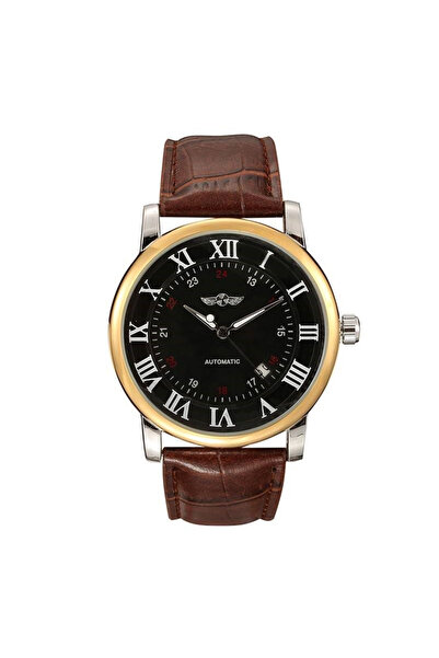 T-WINNER Ceas de mână bărbătesc clasic vintage mecanic automat retro casual elegant maro/negru