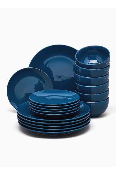 Noon East طقم عشاء من 18 قطعة من الفخار، أطباق، أوعية، تكفي 6 أشخاص، أزرق داكن