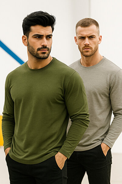 Rich Мъжки Haki-Grimelanj 2-пакет основни дългоръкавни спортни тениски