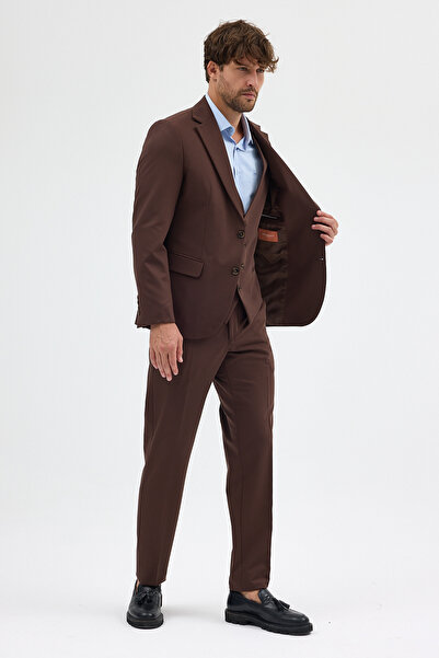 Frappoli Ruben Erkek Kahve Poliviskon Kumaşlı Ceket+Pantolon+Yelekli Slim Fit Takım Elbise