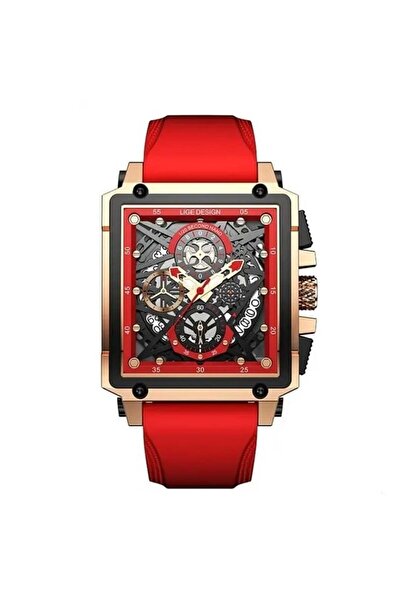 Lige Men's Watch Red Silicone Steel Date Display Quartz Analog