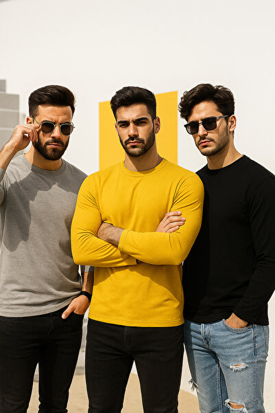 Rich Erkek Sarı-Siyah-Grimelanj 3'lü Paket Basic Uzun Kollu Sporcu Body