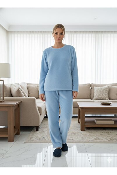 FAMES PİJAMA KADIN MAVİ PELUŞ PİJAMA TAKIMI