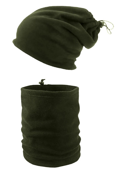 KL HOME Men-Women 2 Pieces Price - Thermal Fleece Beanie with Neck Collar and Drawstring Model - Khaki Green Color