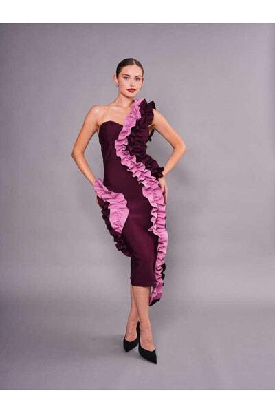 SERPİL Tek Omuz Volan Detaylı Midi Abiye Elbise 51061