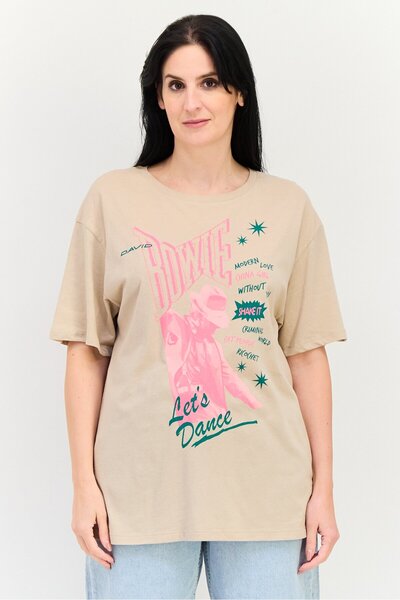 Bowie Women Crew Neck Short Sleeve Graphic Print T Shirt, Tan