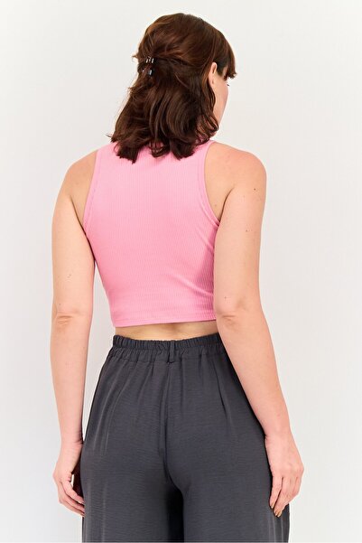 Sinsay Women Round Neck Sleeveless Textured Tank Top, Pink